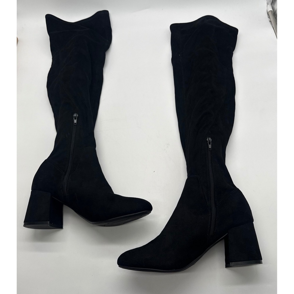 Liz Claiborne Black Faux Suede Knee High Boots Block Heel Side Zip Women's 8.5